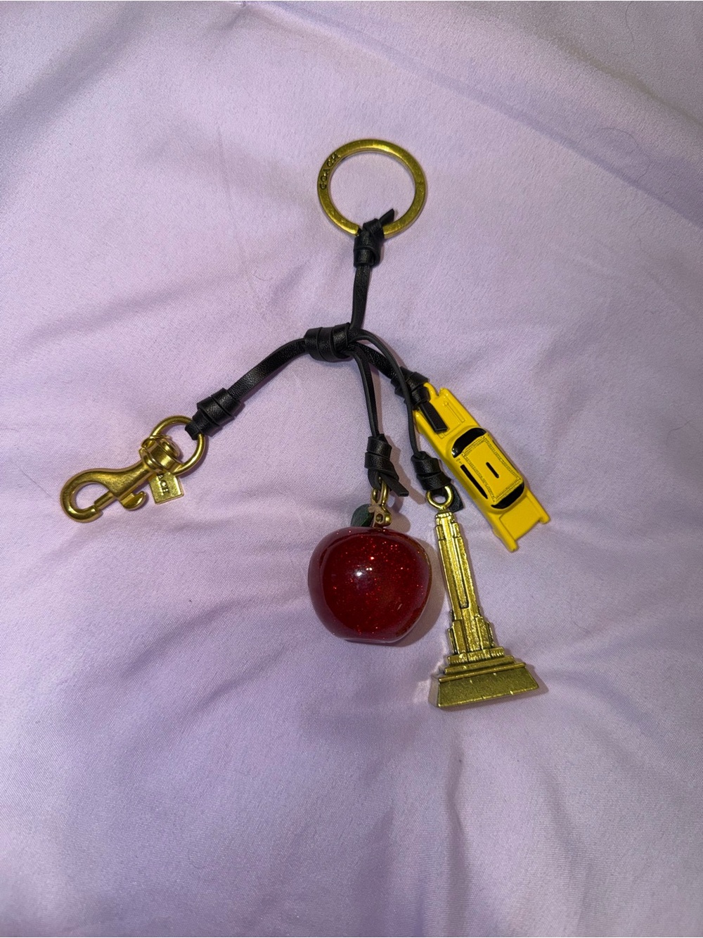 Designer Black Leather Keychain with Red Apple & Gold Charms